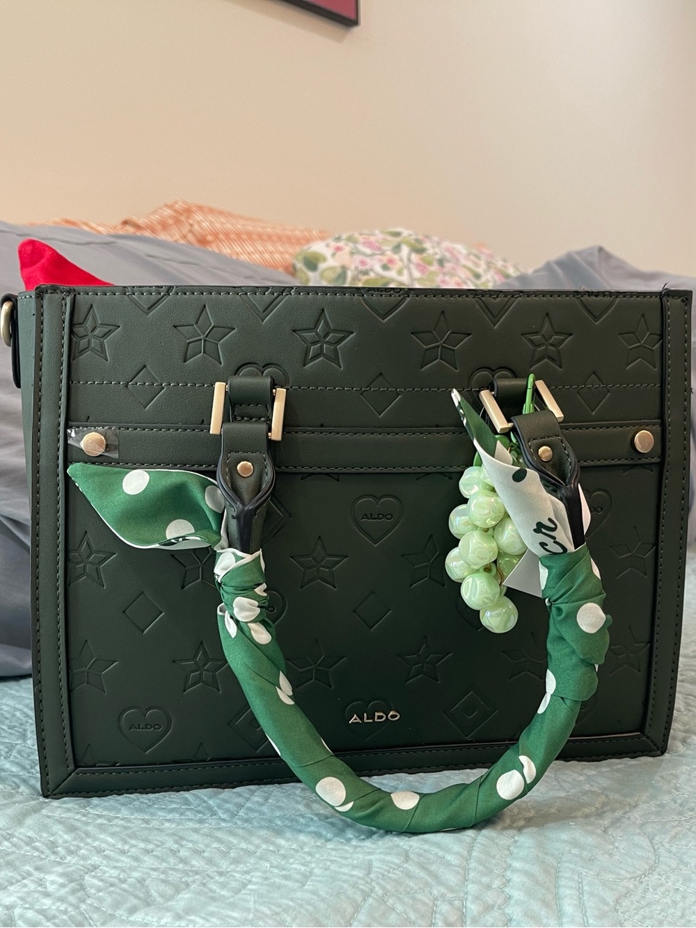 ALDO Dark Green Embossed Satchel with Polka Dot Scarf Detail